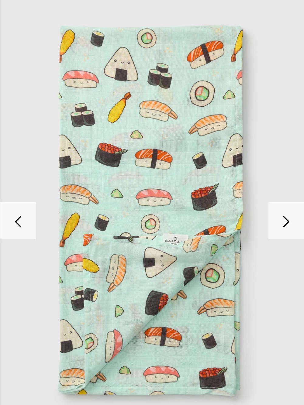 Loulou Lollipop muslin swaddle blanket sushi print on a light green background.